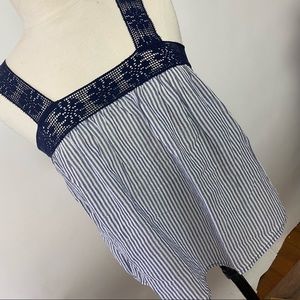 Aerie Cotton Linen Tank Top Navy Blue White Stripe Lace Strap Size S